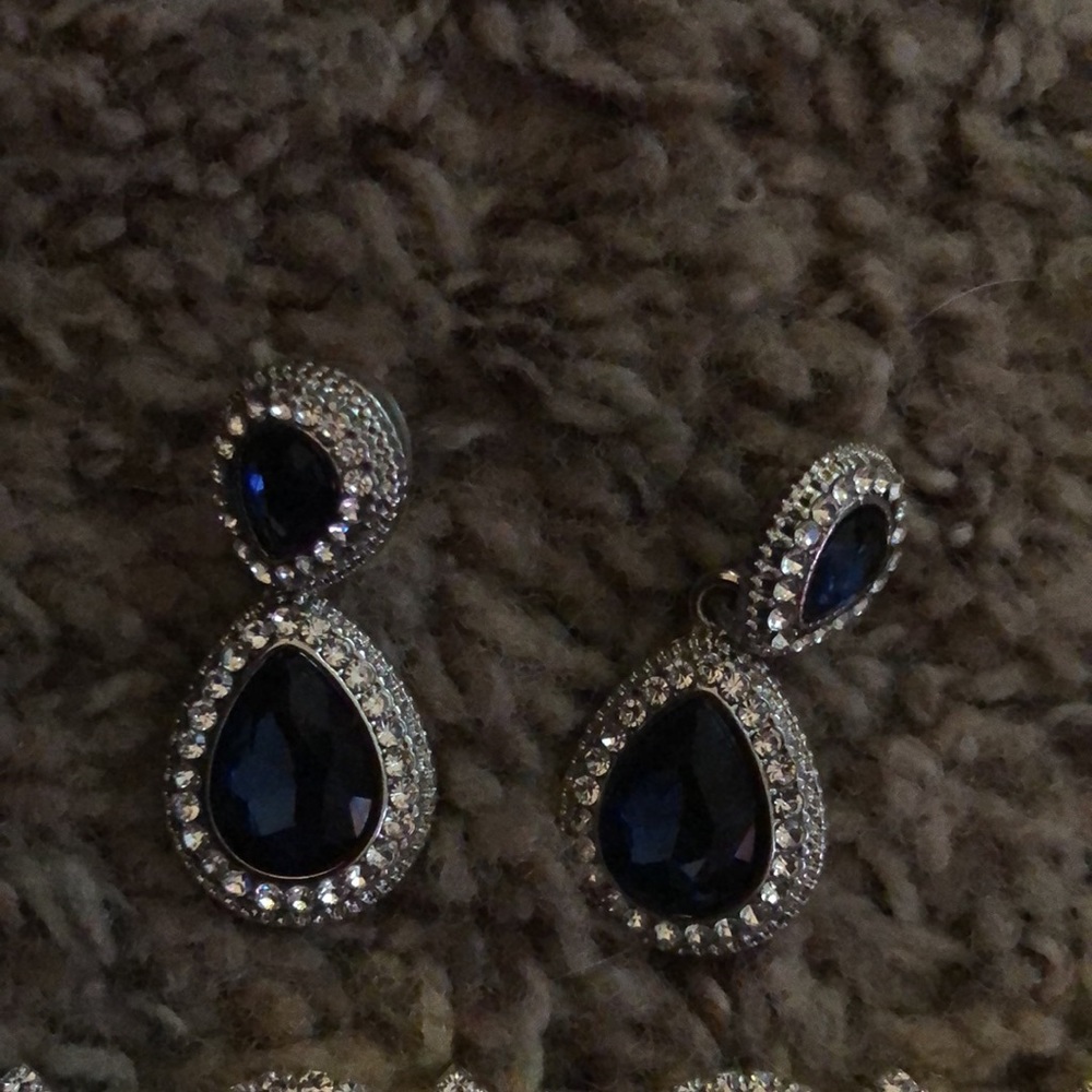 Silver Teardrop Earrings with Blue Stones and Rhinestones